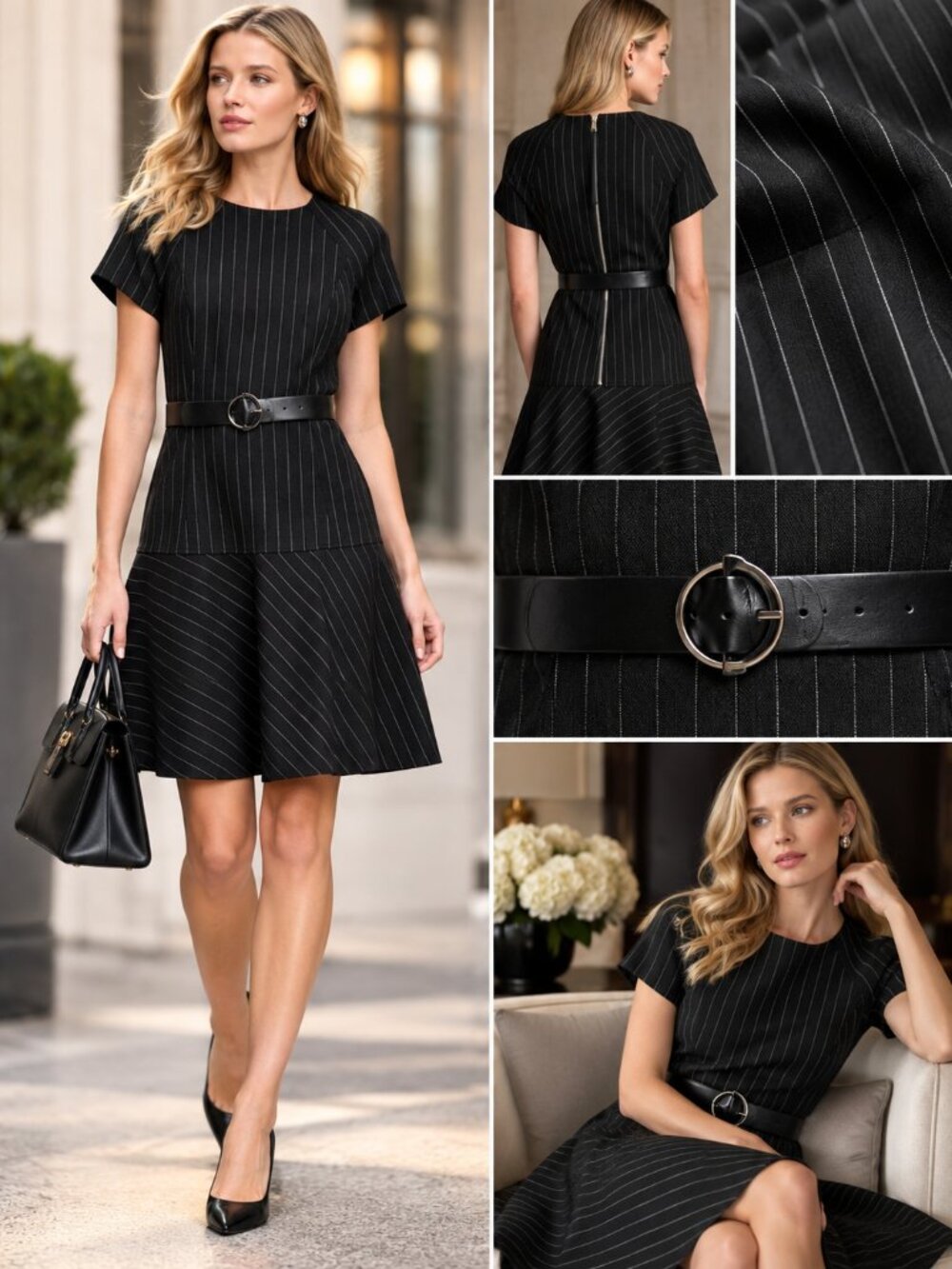 DKNY Black Pinstripe Belted Fit Flare Dress Size 10 NWT